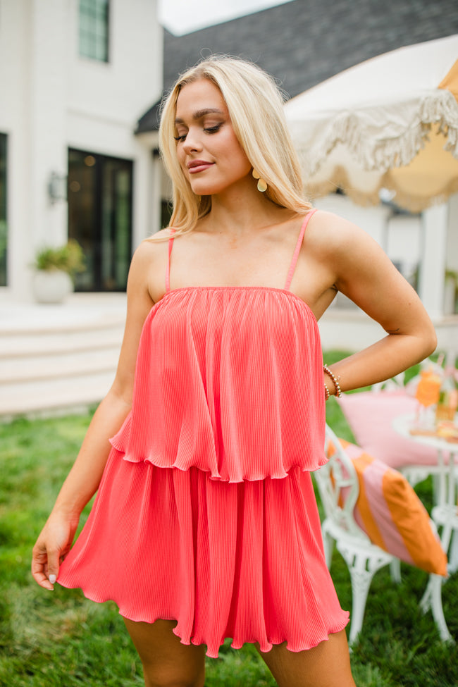 In the Afterglow Hot Coral Pleated Romper FINAL SALE-Sunny Prom
