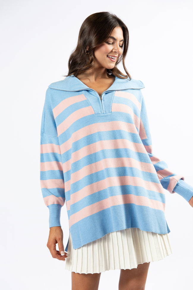 Pulling Heartstrings Blue and Coral Striped Quarter Zip Pullover FINAL SALE-Sunny Prom