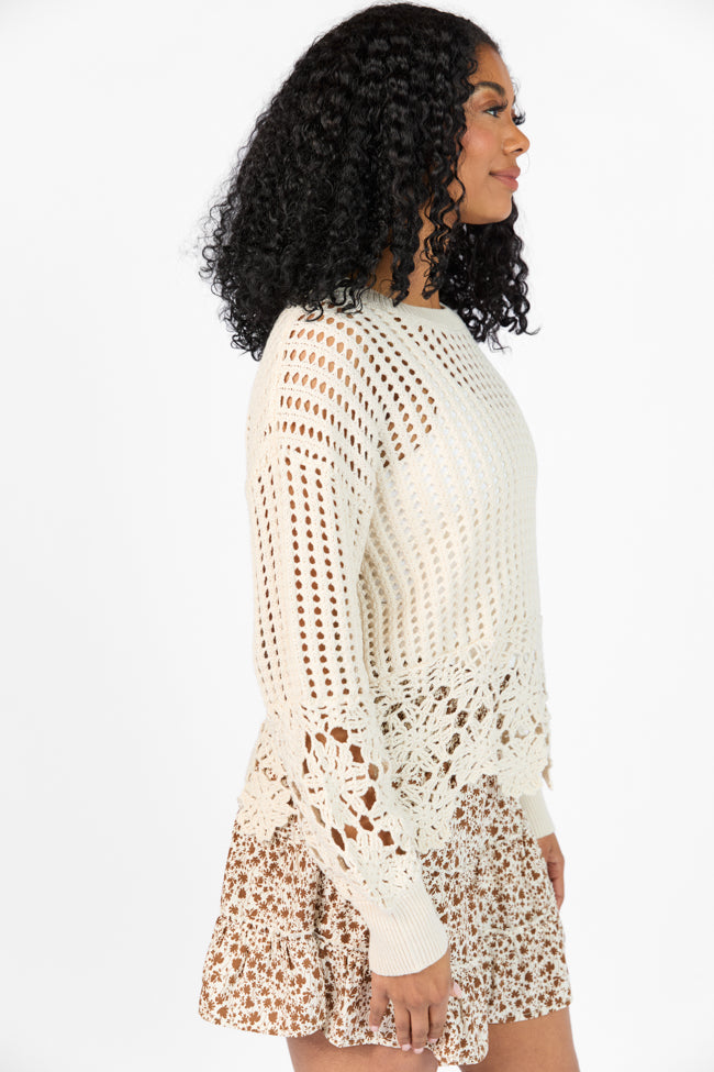 A Little Dramatic Crew Flower Trim Crochet Sweater-Sunny Prom