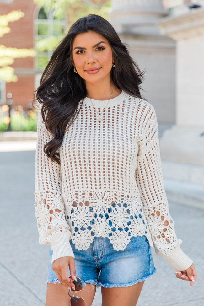 A Little Dramatic Crew Flower Trim Crochet Sweater-Sunny Prom