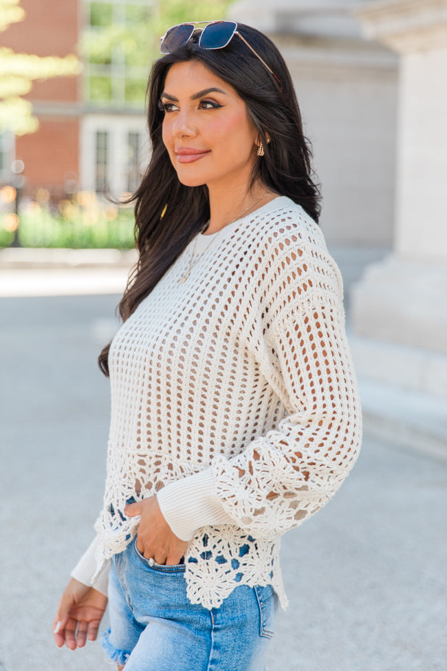 A Little Dramatic Crew Flower Trim Crochet Sweater-Sunny Prom