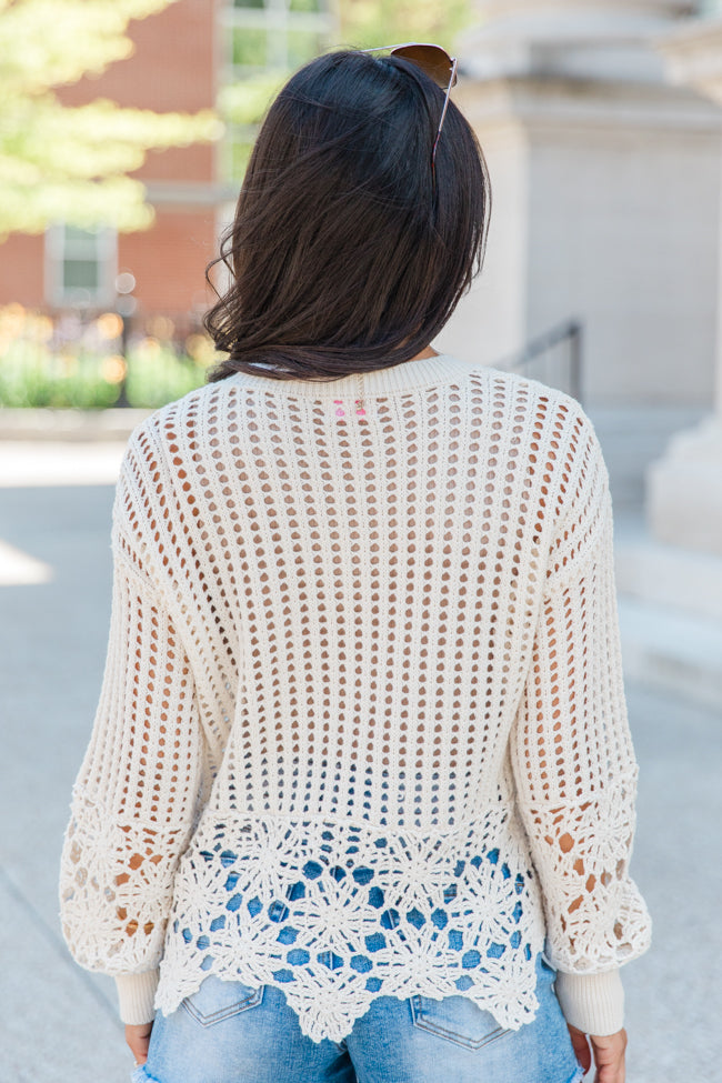 A Little Dramatic Crew Flower Trim Crochet Sweater-Sunny Prom