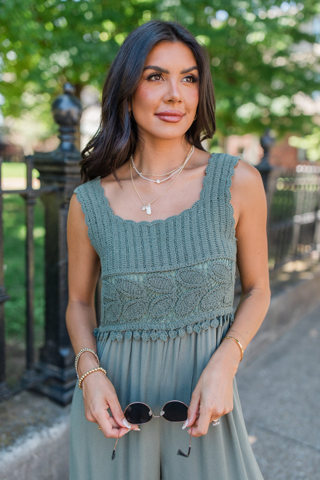 Keep The Peace Olive Crochet Top Jumpsuit FINAL SALE-Sunny Prom