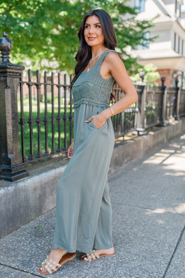 Keep The Peace Olive Crochet Top Jumpsuit FINAL SALE-Sunny Prom