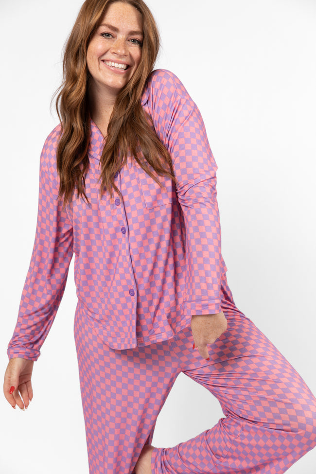 Good To Get Away Light Pink and Lilac Checkered Long Sleeve Pajama Top FINAL SALE-Sunny Prom