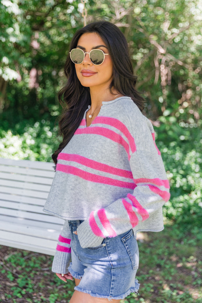 Sweet Affection Grey And Fuchsia Striped Notched Neck Sweater FINAL SALE-Sunny Prom