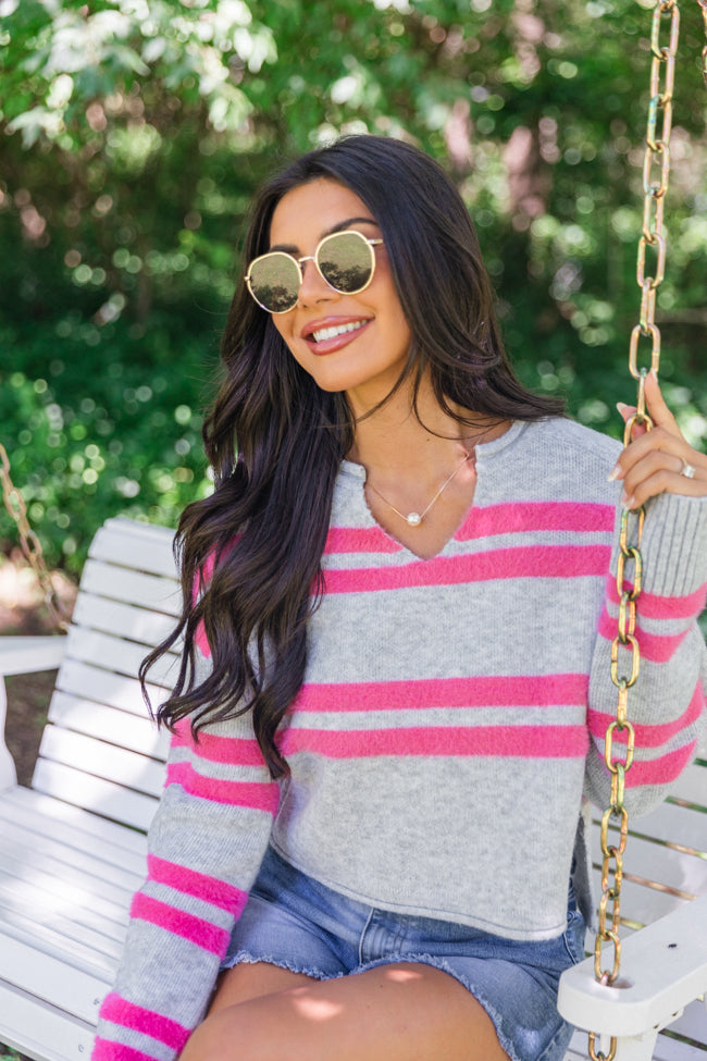 Sweet Affection Grey And Fuchsia Striped Notched Neck Sweater FINAL SALE-Sunny Prom