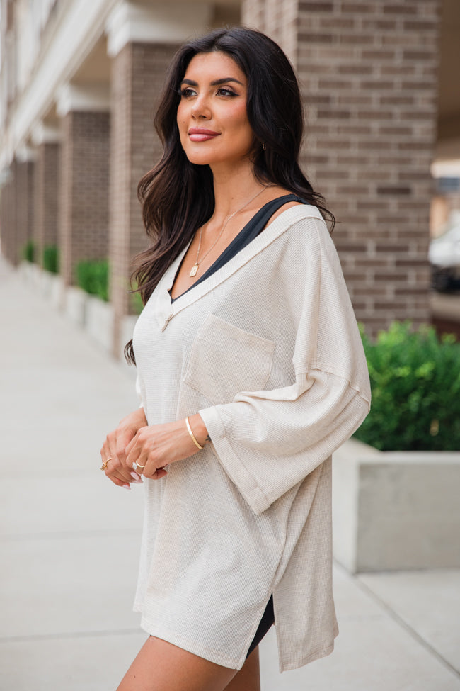 It's Our Time Oatmeal Oversized Pocketed Waffle Tee FINAL SALE-Sunny Prom