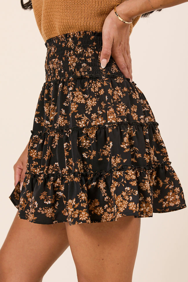 Through The Garden Black And Tan Floral Mini Skort-Sunny Prom