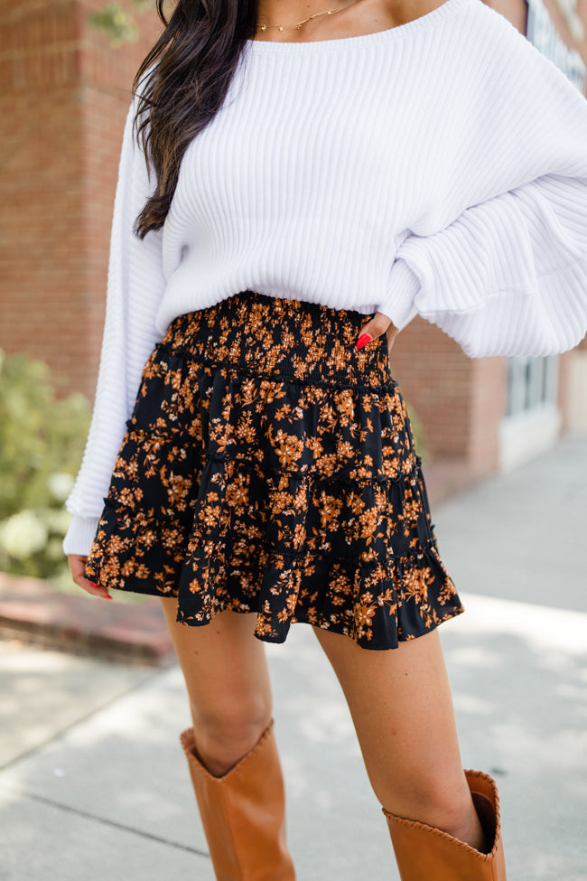 Through The Garden Black And Tan Floral Mini Skort-Sunny Prom
