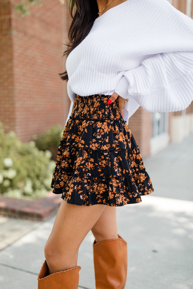 Through The Garden Black And Tan Floral Mini Skort-Sunny Prom