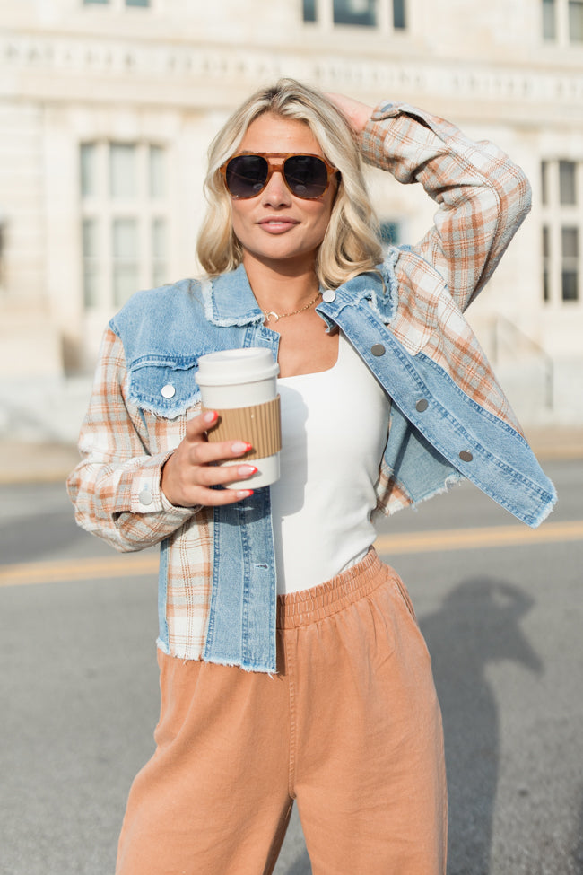 Leads To You Brown Plaid and Denim Jacket FINAL SALE-Sunny Prom