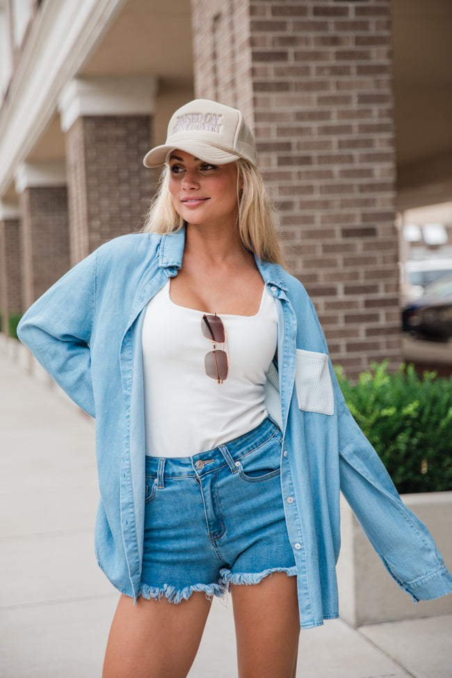 Talk It Over Waffle Detail Chambray Button Front Blouse FINAL SALE-Sunny Prom