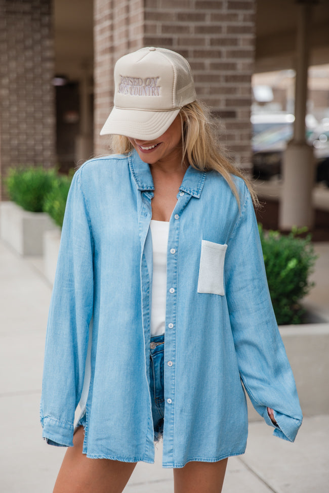 Talk It Over Waffle Detail Chambray Button Front Blouse FINAL SALE-Sunny Prom