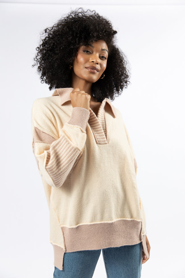 Think About It Cream and Mauve Collared Oversized Sweater-Sunny Prom