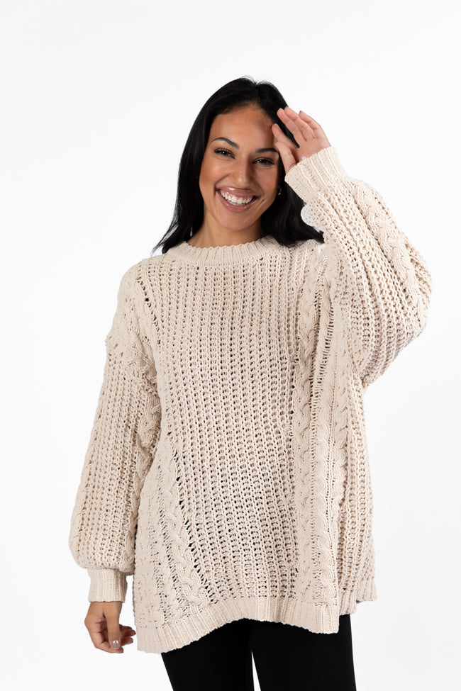 Wide Open Spaces Beige Chenille Cable Knit Oversized Sweater FINAL SALE-Sunny Prom