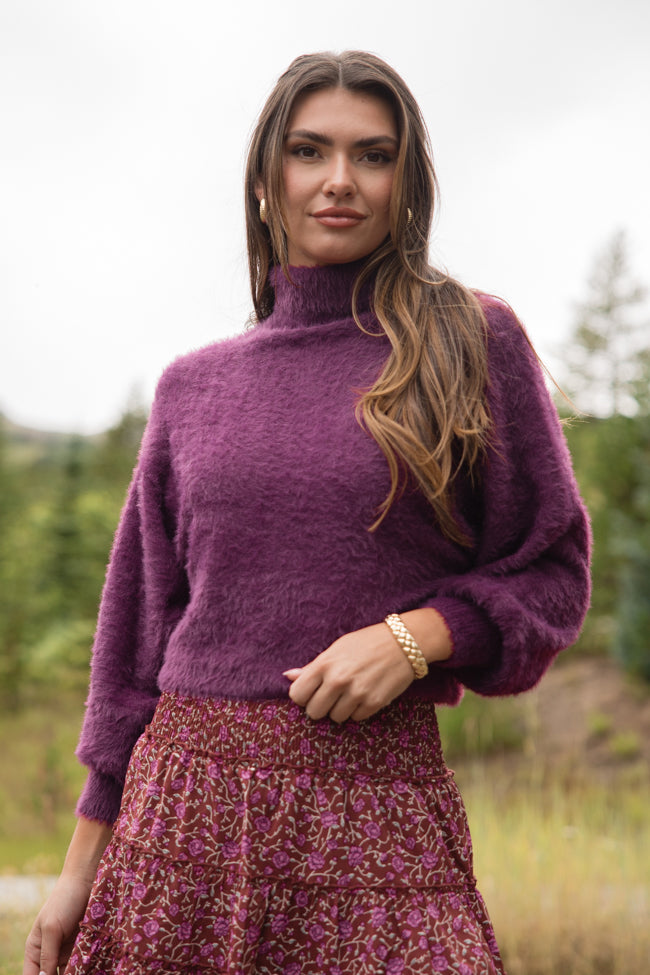 Beyond Me Plum Fuzzy Turtleneck Sweater FINAL SALE-Sunny Prom