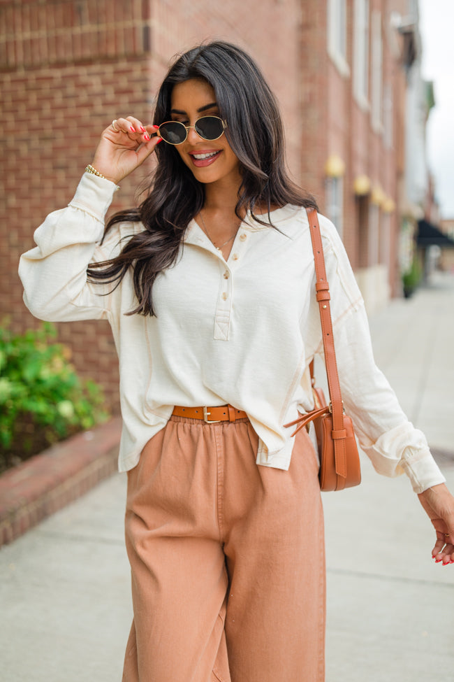 Like Me Again Cream Contrast Stitch Henley FINAL SALE-Sunny Prom