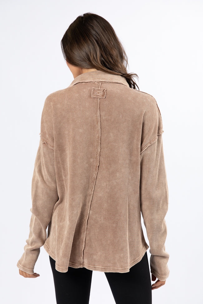 Leaf Your Worries Brown Acid Washed Waffle Collared Top-Sunny Prom