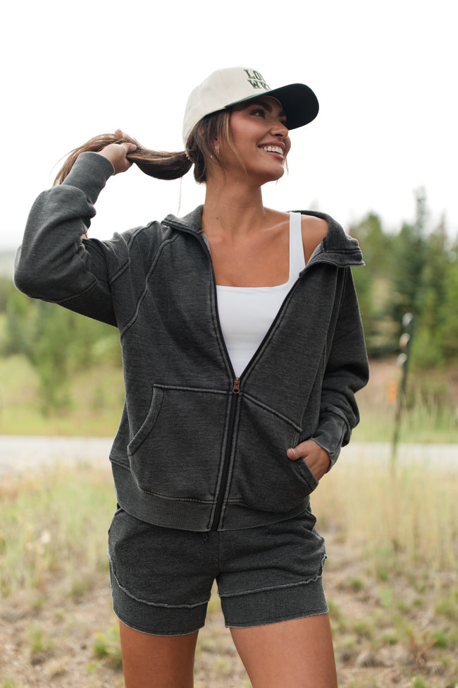 Learn As You Go Black Acid Washed Full Zip Sweatshirt FINAL SALE-Sunny Prom