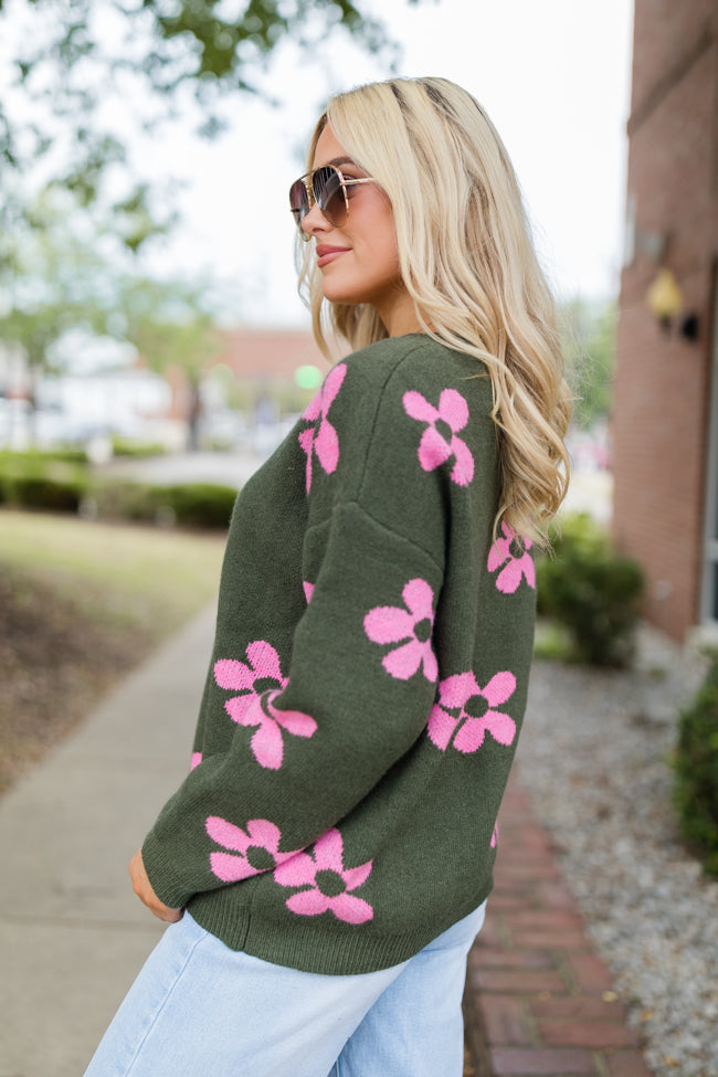Keep You Around Olive and Pink Floral V-neck Sweater FINAL SALE-Sunny Prom
