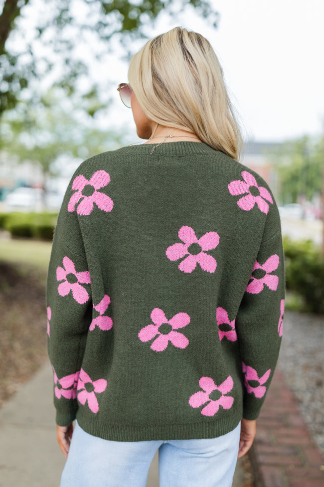 Keep You Around Olive and Pink Floral V-neck Sweater FINAL SALE-Sunny Prom