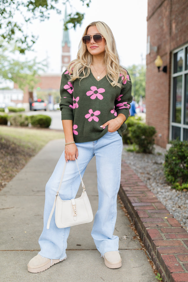 Keep You Around Olive and Pink Floral V-neck Sweater FINAL SALE-Sunny Prom