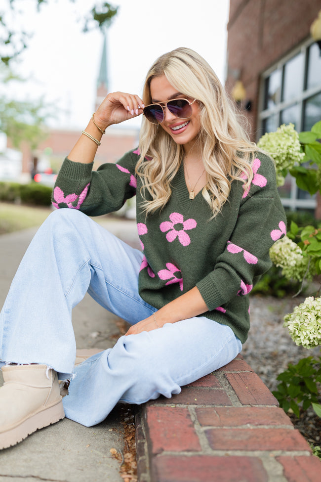 Keep You Around Olive and Pink Floral V-neck Sweater FINAL SALE-Sunny Prom