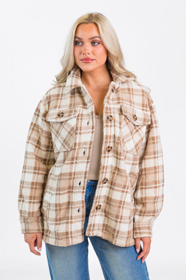 Through The Leaves Khaki Sherpa Plaid Shacket FINAL SALE-Sunny Prom