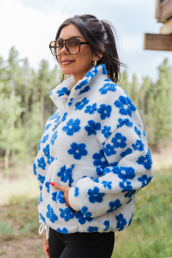 Playing For Keeps Blue and Ivory Floral Print Sherpa Pullover FINAL SALE-Sunny Prom