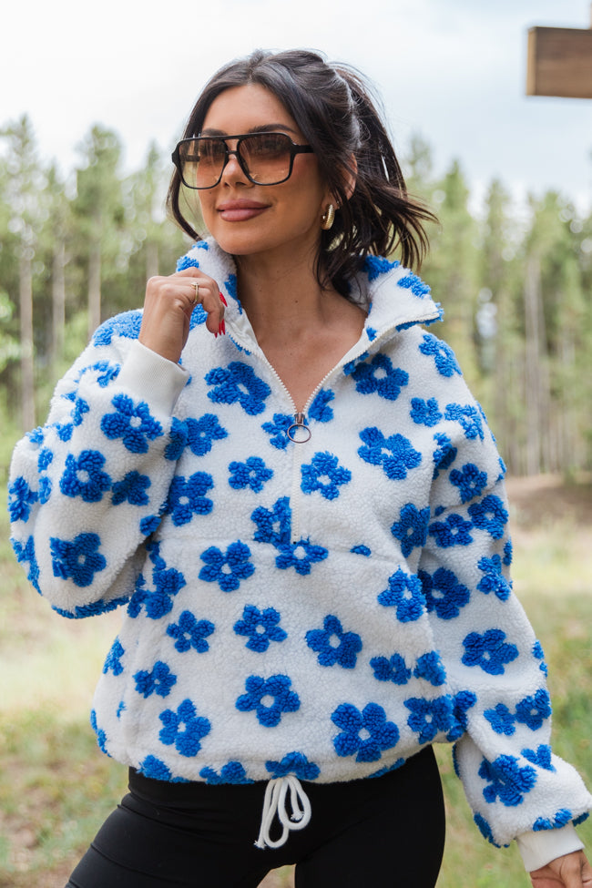 Playing For Keeps Blue and Ivory Floral Print Sherpa Pullover FINAL SALE-Sunny Prom