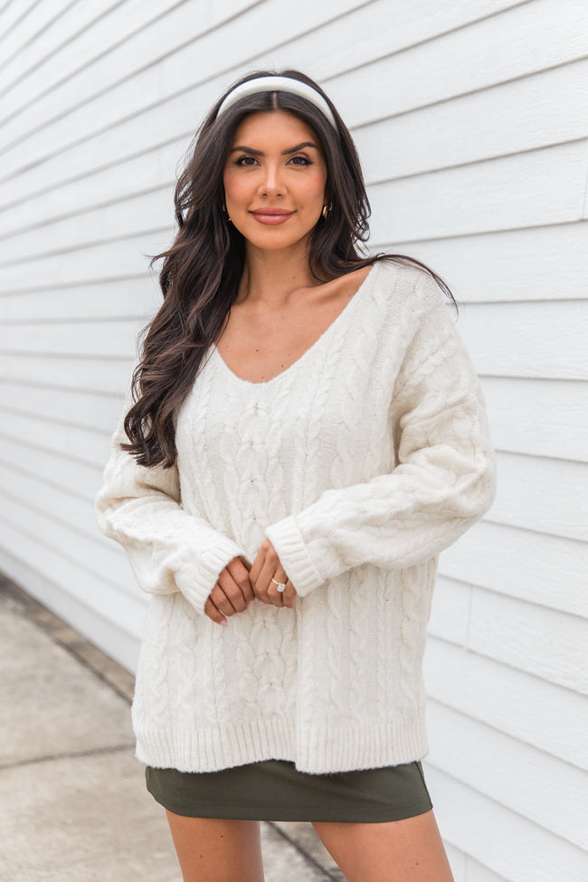 When You Call Ivory Oversized Cable Knit V-neck Sweater FINAL SALE-Sunny Prom