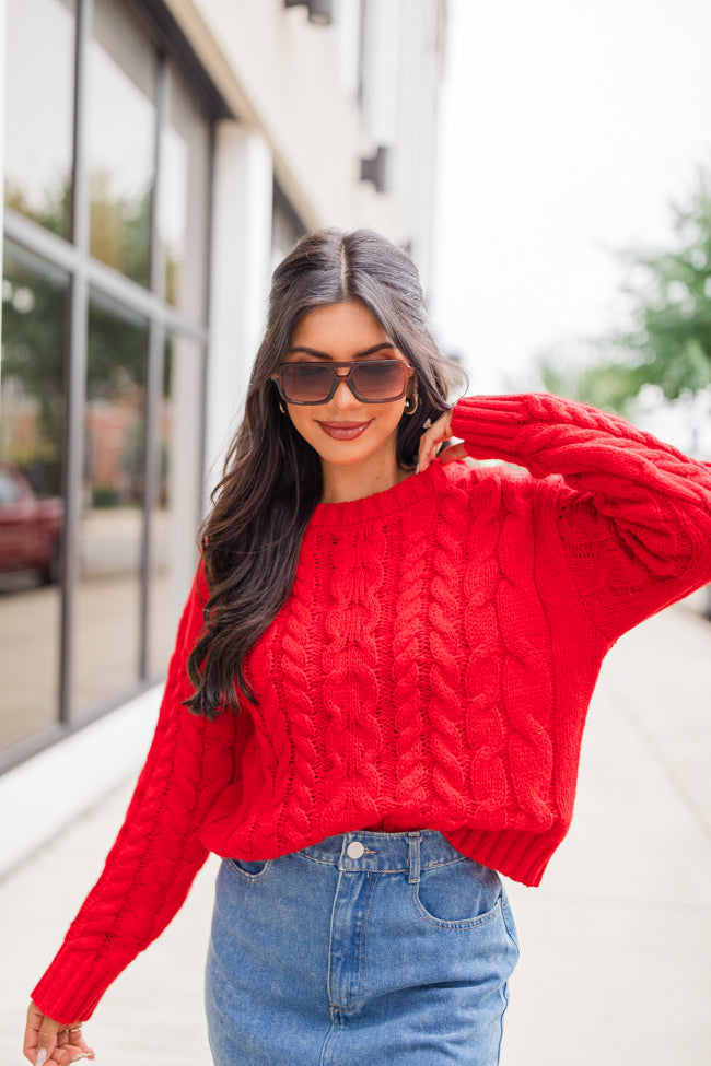 A Cozy Place Red Cable Knit Crew Neck Sweater FINAL SALE-Sunny Prom