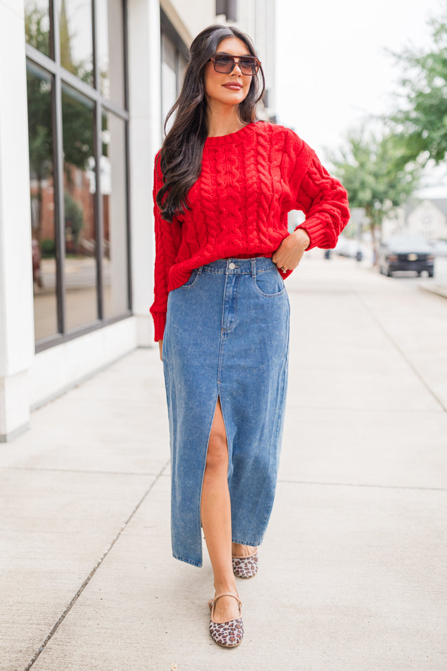 A Cozy Place Red Cable Knit Crew Neck Sweater FINAL SALE-Sunny Prom