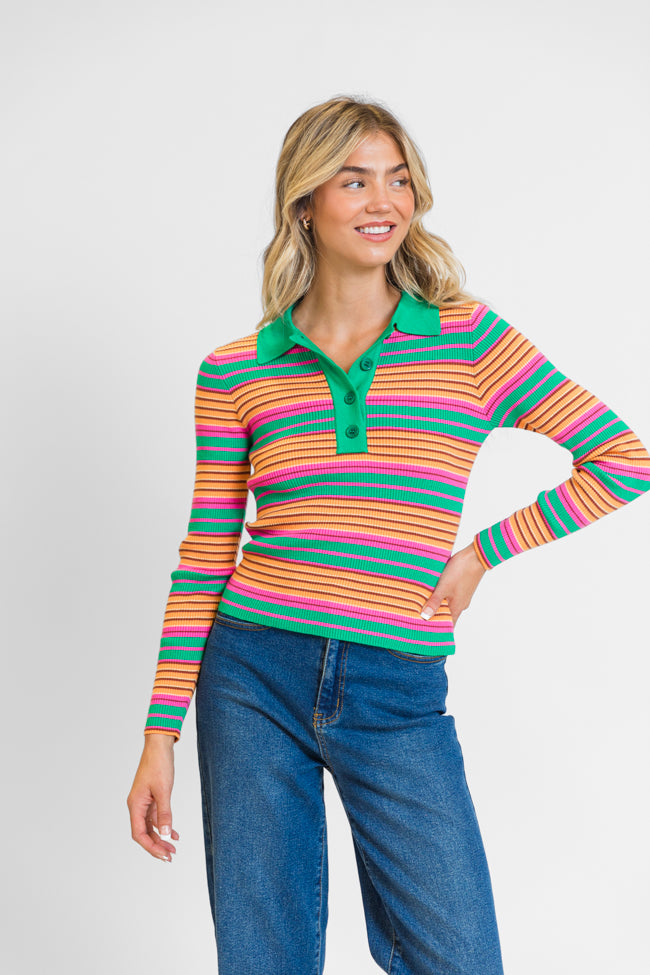 Wish I Knew Multi Striped Long Sleeve Polo Sweater FINAL SALE-Sunny Prom
