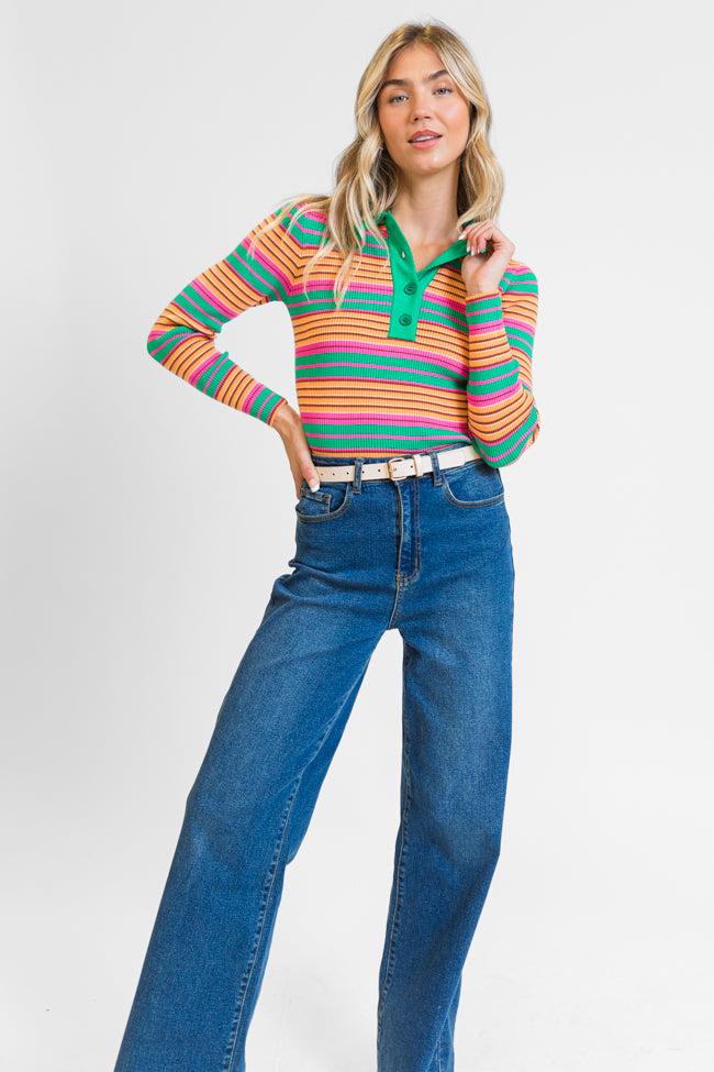 Wish I Knew Multi Striped Long Sleeve Polo Sweater FINAL SALE-Sunny Prom