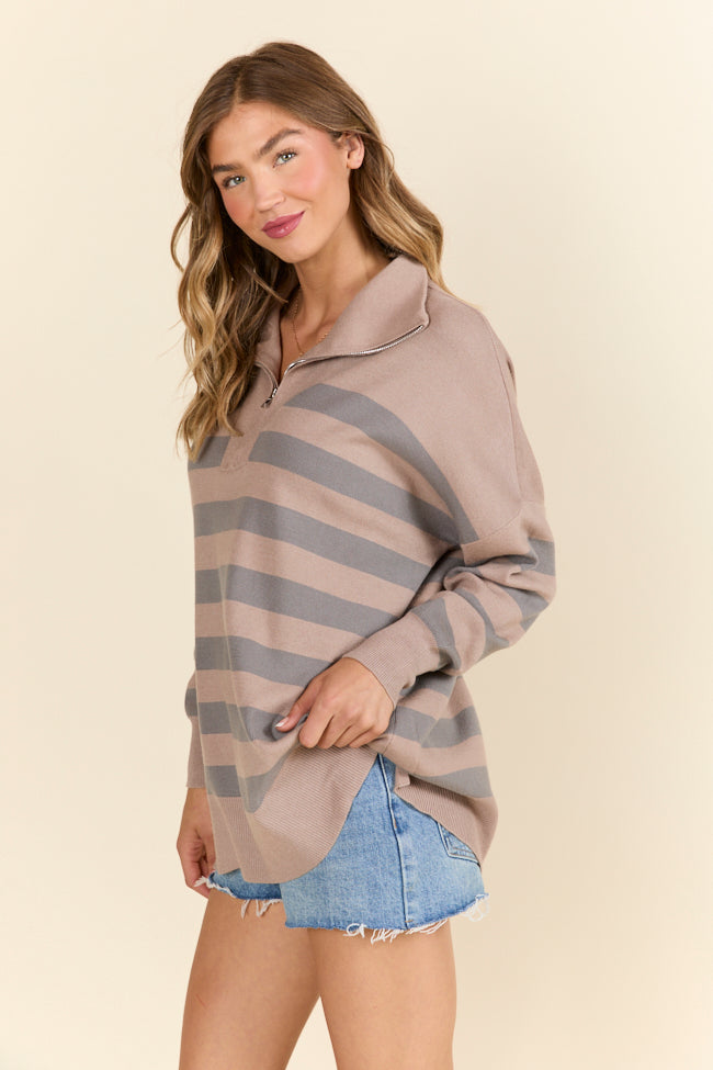 Pulling Heartstrings Taupe Striped Quarter Zip Pullover FINAL SALE-Sunny Prom