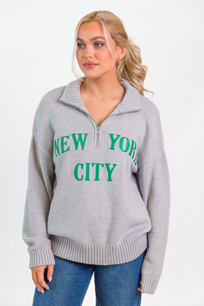Roll With It Grey and Green New York Embroidered Quarter Zip Sweater FINAL SALE-Sunny Prom