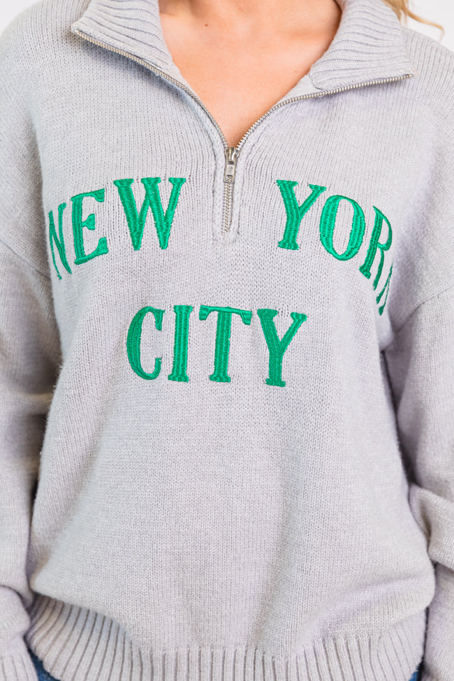 Roll With It Grey and Green New York Embroidered Quarter Zip Sweater FINAL SALE-Sunny Prom