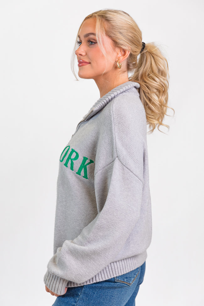 Roll With It Grey and Green New York Embroidered Quarter Zip Sweater FINAL SALE-Sunny Prom