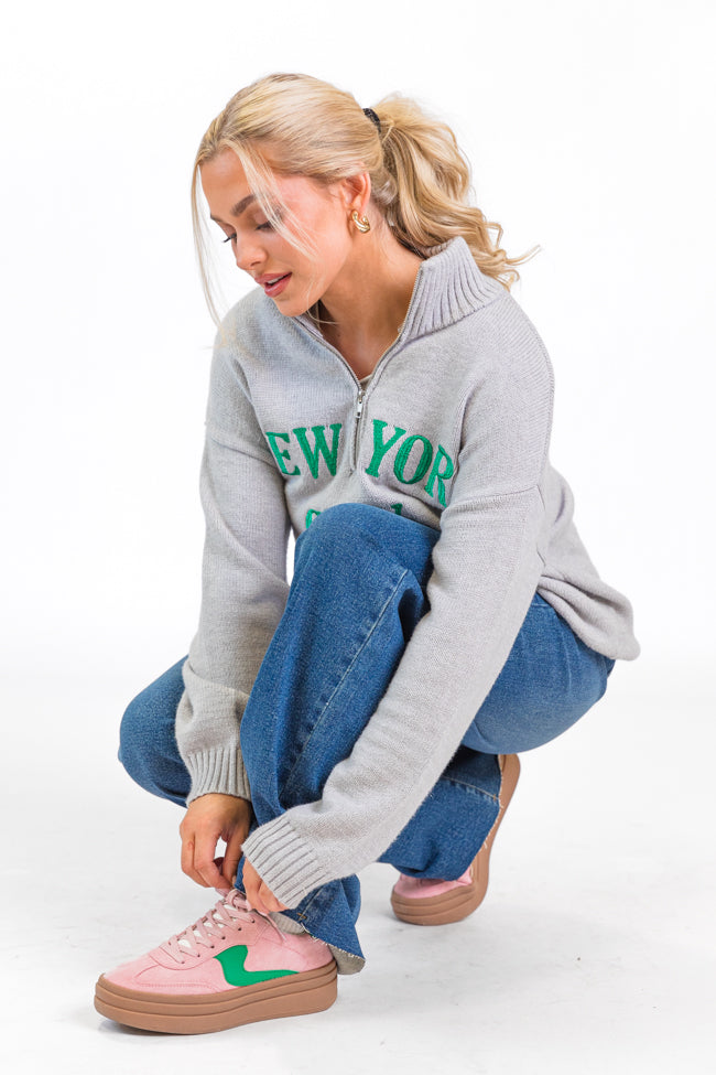 Roll With It Grey and Green New York Embroidered Quarter Zip Sweater FINAL SALE-Sunny Prom