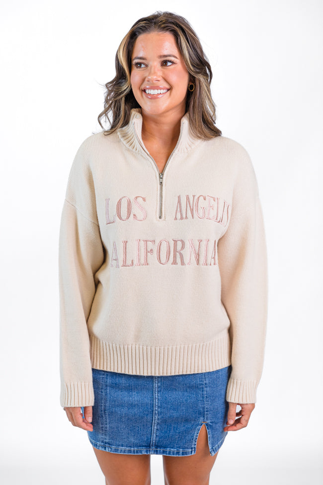 Roll With It Beige Los Angeles Embroidered Quarter Zip Sweater FINAL SALE-Sunny Prom