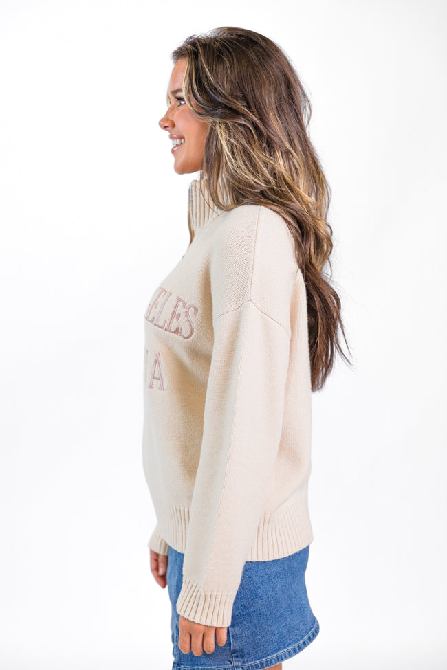 Roll With It Beige Los Angeles Embroidered Quarter Zip Sweater FINAL SALE-Sunny Prom