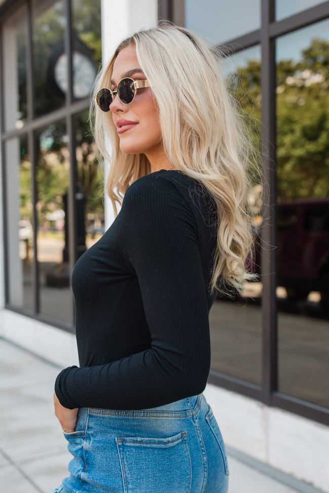 Going Strong Black Ribbed V-neck Bodysuit FINAL SALE-Sunny Prom