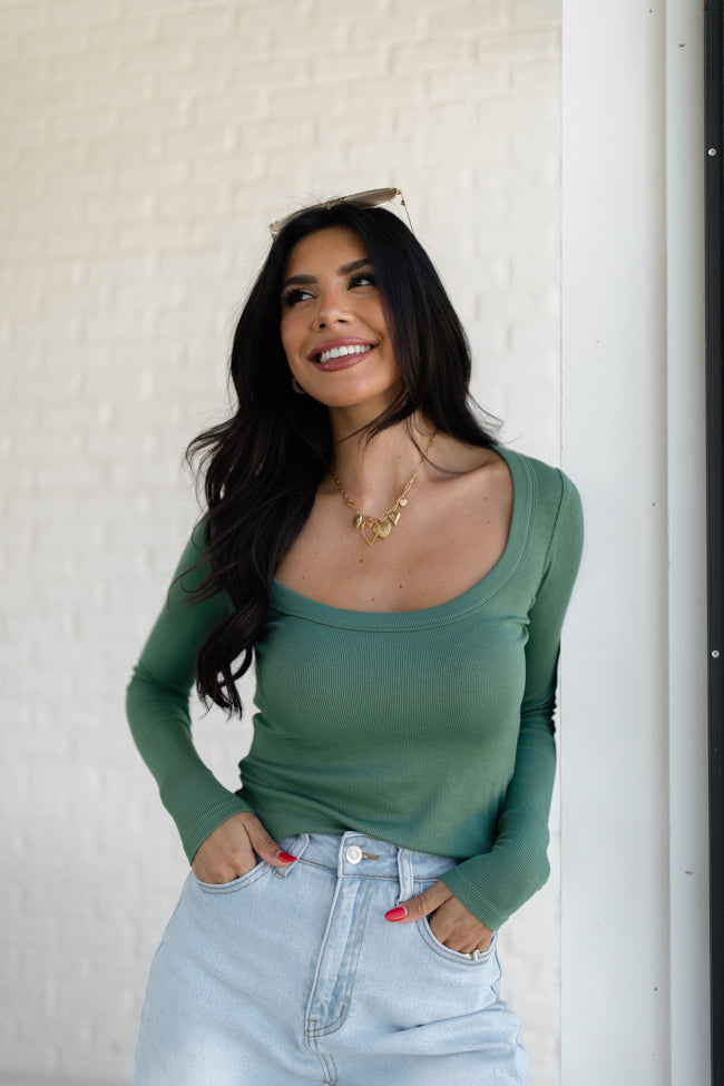 Make Your Choice Olive Ribbed Scoop Neck Long Sleeve Tee FINAL SALE-Sunny Prom