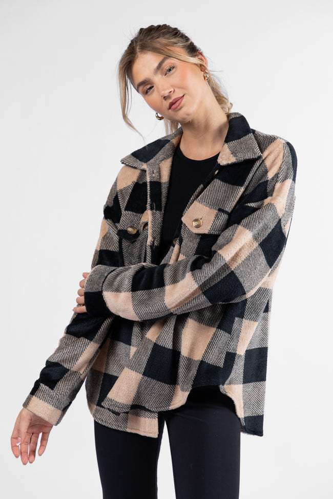 Wind Down Black and Tan Fleece Plaid Shacket FINAL SALE-Sunny Prom