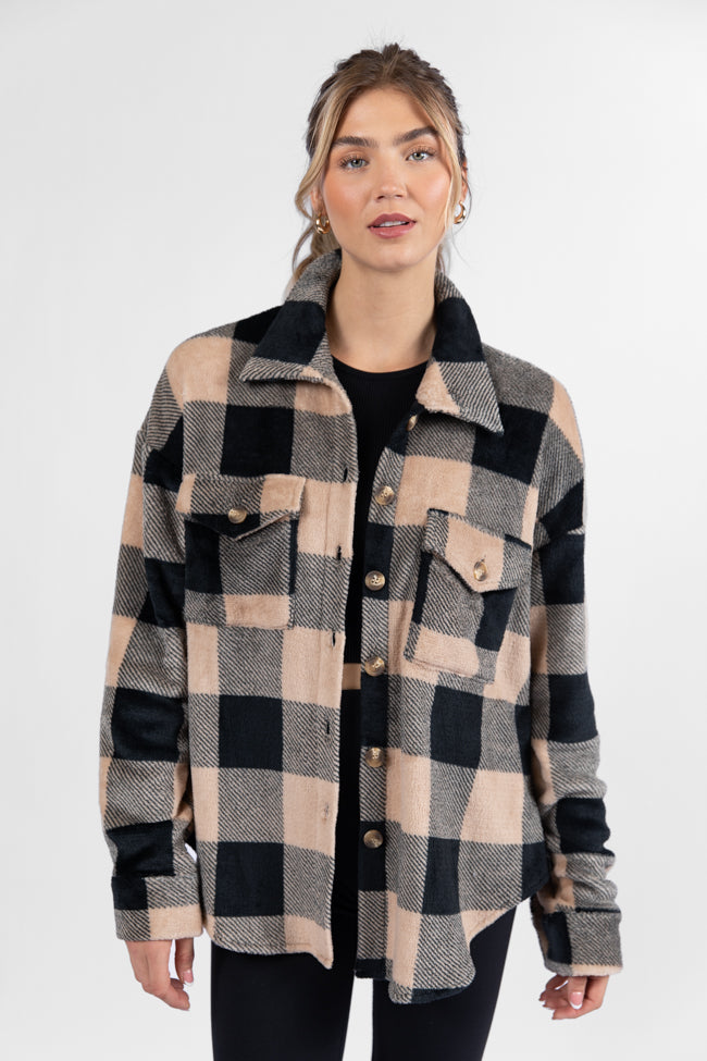 Wind Down Black and Tan Fleece Plaid Shacket FINAL SALE-Sunny Prom