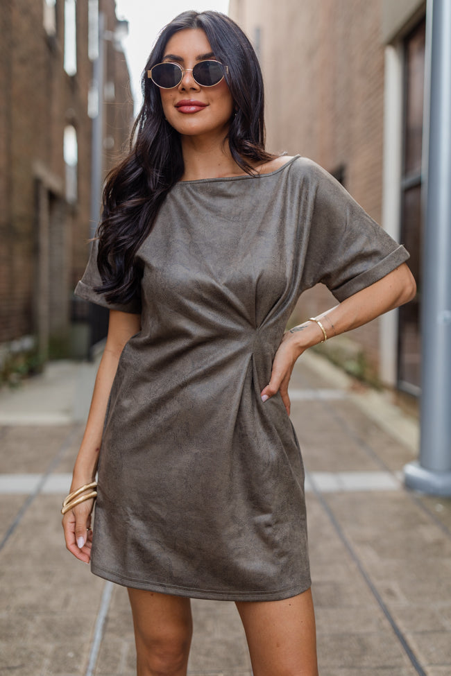 You Deserve It Mushroom Faux Leather Cinched Mini Dress FINAL SALE-Sunny Prom