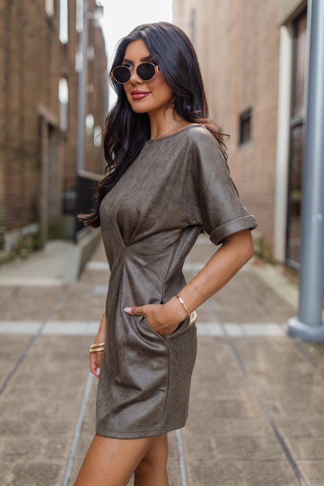 You Deserve It Mushroom Faux Leather Cinched Mini Dress FINAL SALE-Sunny Prom