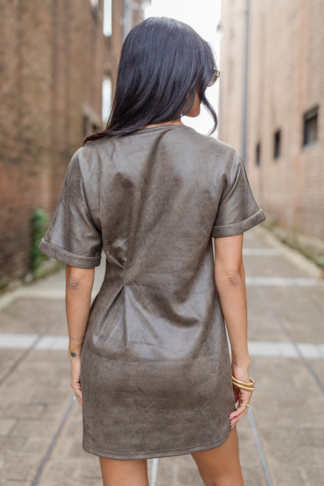 You Deserve It Mushroom Faux Leather Cinched Mini Dress FINAL SALE-Sunny Prom